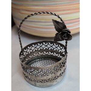 Vintage Silver Filigree Decorative Miniature Metal Basket Rope Handle With Rose